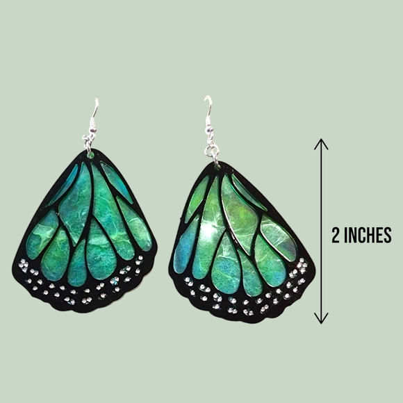 Lyra Handcrafted Green Marbled Resin Dangle Earrings/Butterfly Wings/Butterfly - Picture 2 of 3